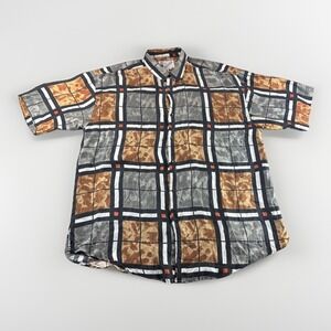 Vintage Goouch Silk Shirt Mens L Abstract Check Short Sleeve Button Up Preppy